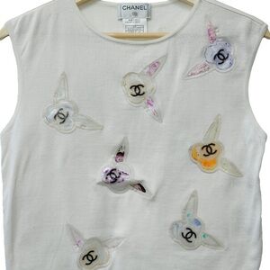 CHANEL Multicolor Camelia Flower Top  White Cotton Shirt 42 6 8 Small Medium EUC